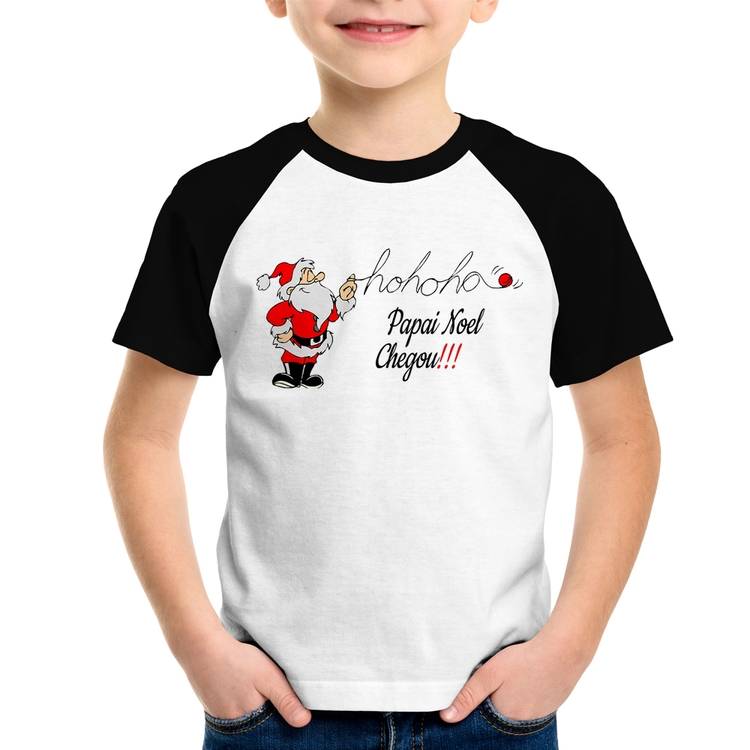 Camiseta Raglan Infantil Ho Ho Ho Papai Noel Chegou