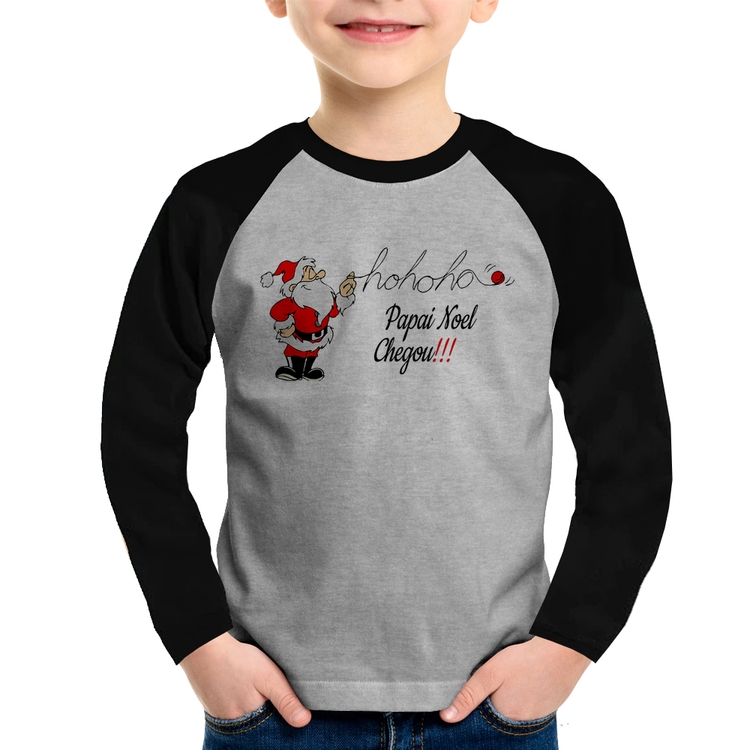 Camiseta Raglan Infantil Ho Ho Ho Papai Noel Chegou Manga Longa - Cinza/Preto