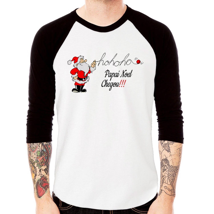 Camiseta Raglan Ho Ho Ho Papai Noel Chegou Manga 3/4