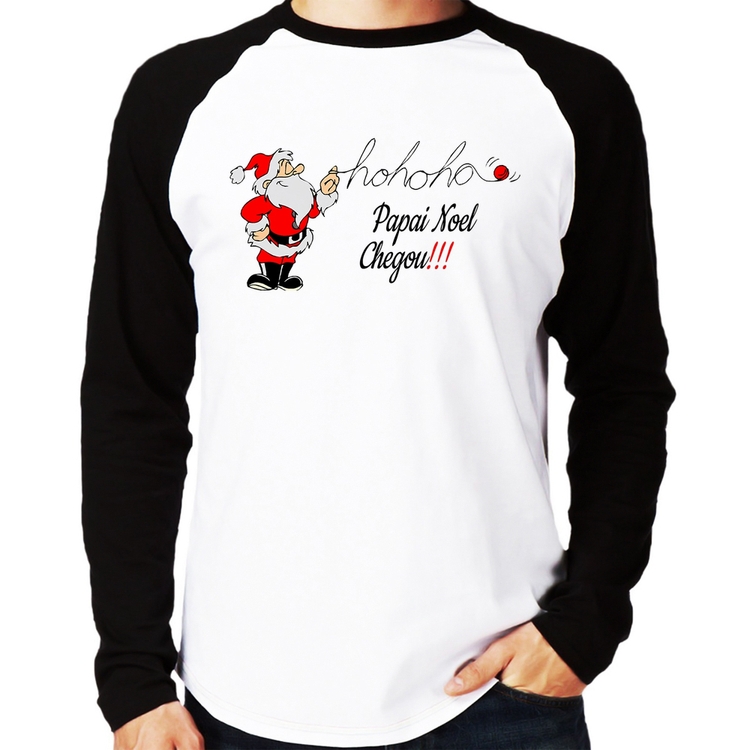 Camiseta Raglan Ho Ho Ho Papai Noel Chegou Manga Longa