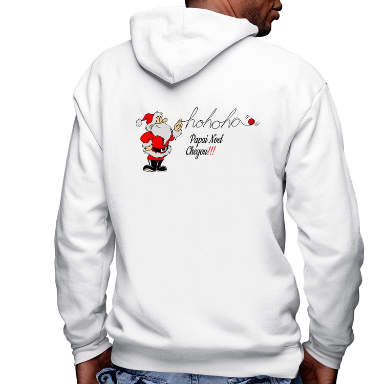 Blusa Moletom Ho Ho Ho Papai Noel Chegou Masculina com Capuz e Zíper - Branca