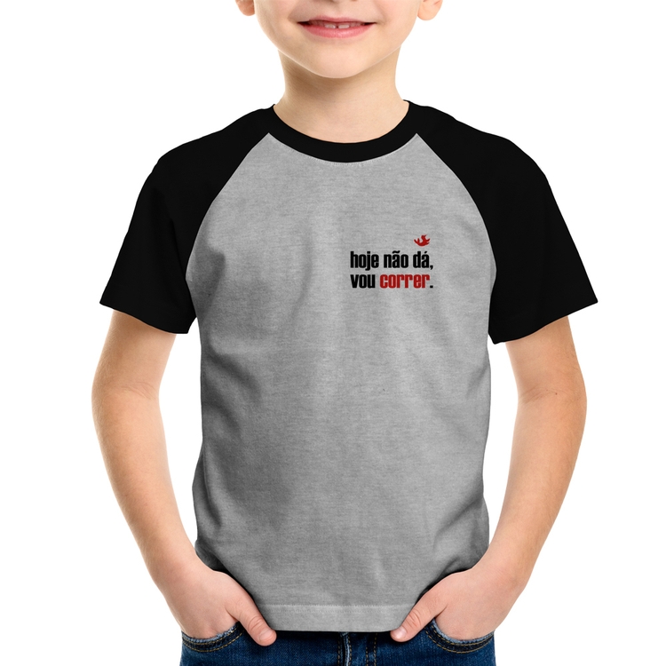Camiseta Raglan Infantil Hoje não dá, vou correr - Cinza/Preto