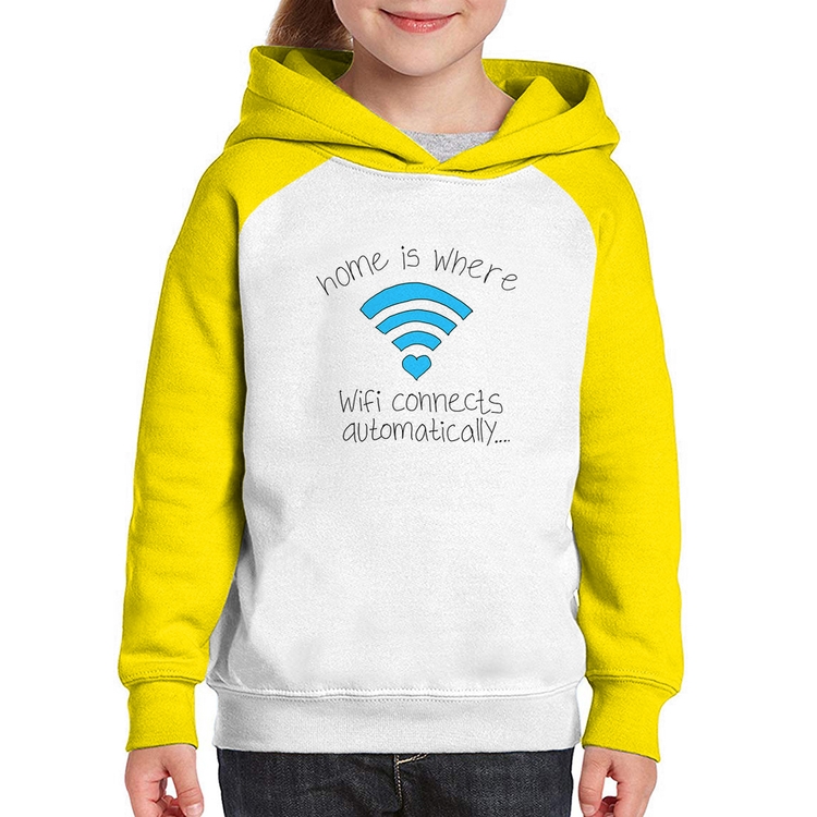 Moletom Infantil Home Is Where Wifi Connects Automatically - Branco/Amarelo