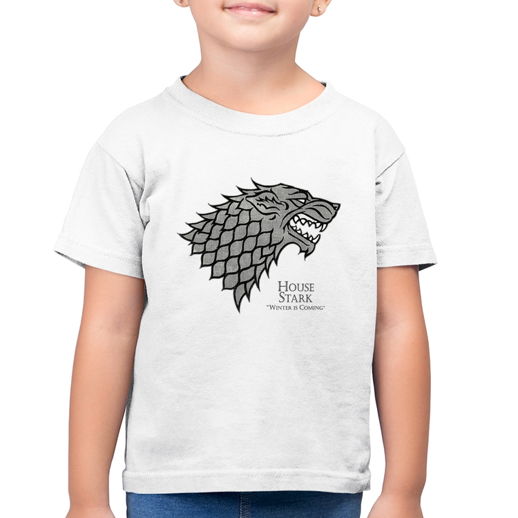 Camiseta Algodão Infantil House Stark: Winter is Coming - Branca