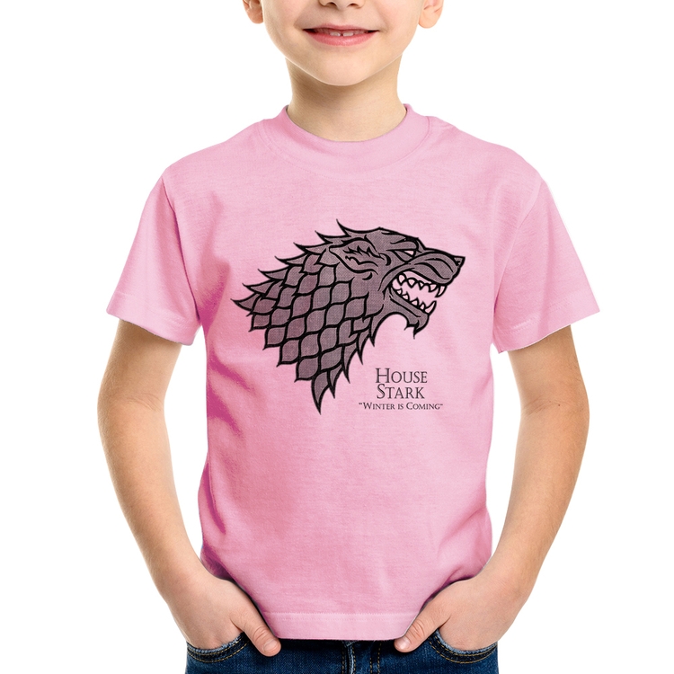Camiseta Infantil House Stark: Winter is Coming - Rosa Bebê