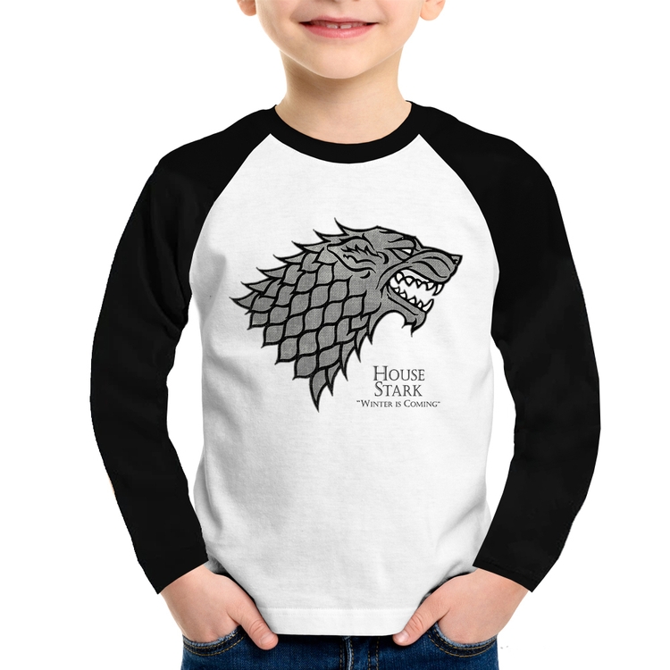 Camiseta Raglan Infantil House Stark: Winter is Coming Manga Longa