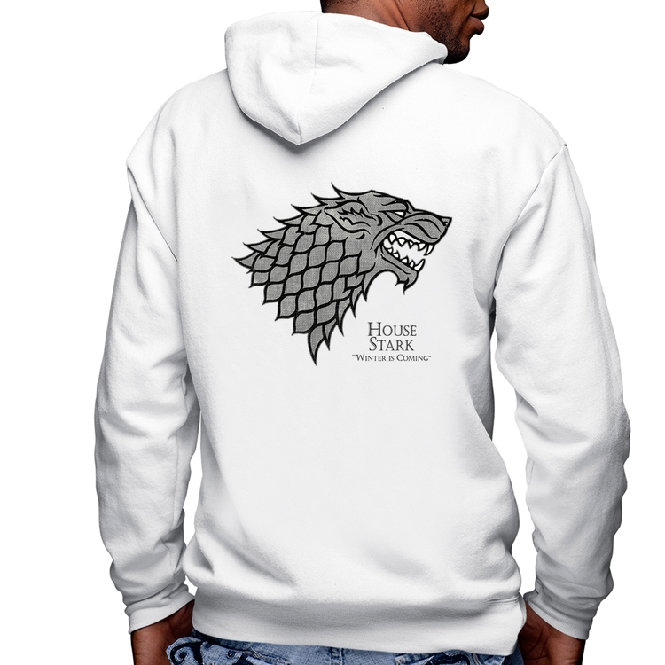 Blusa Moletom House Stark: Winter is Coming Masculina com Capuz e Zíper - Branca