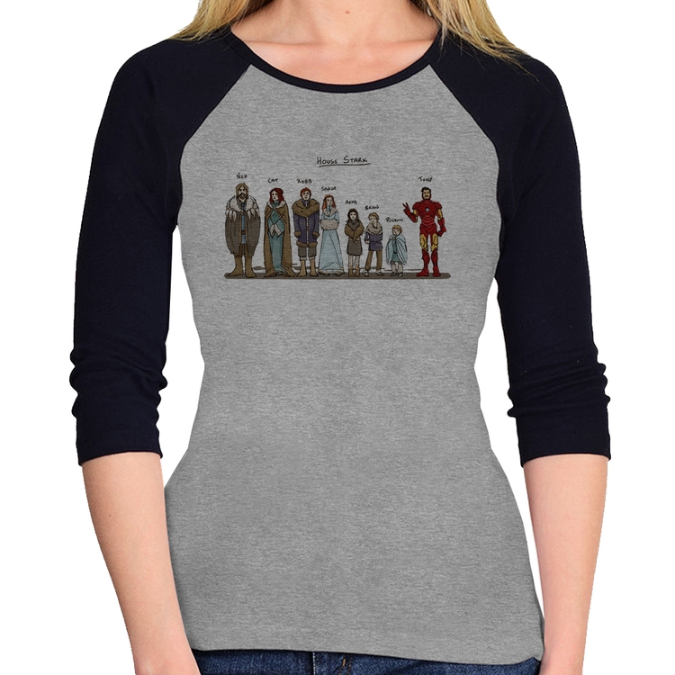 Baby Look Raglan House Stark Tony Stark Manga 3/4 - Cinza/Preto