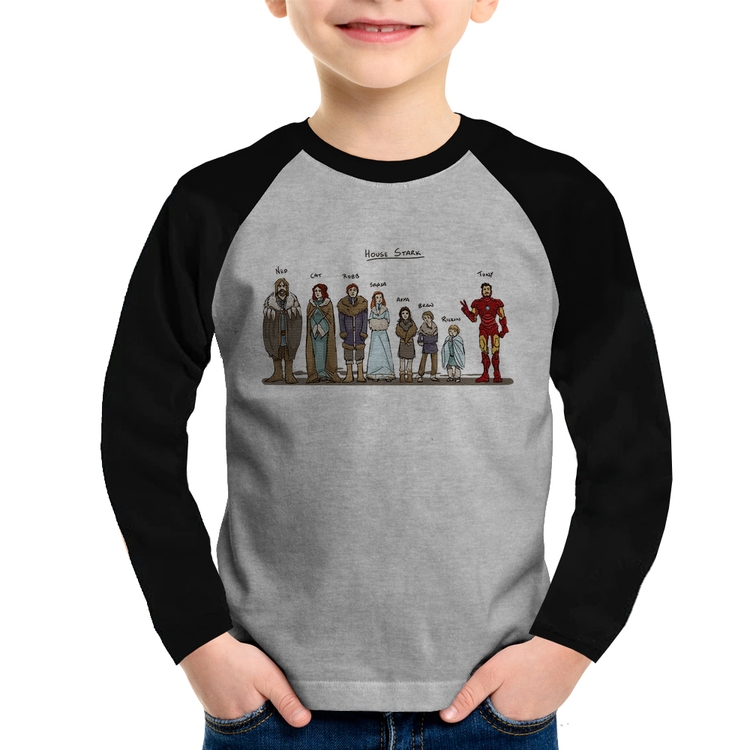 Camiseta Raglan Infantil House Stark Tony Stark Manga Longa - Cinza/Preto