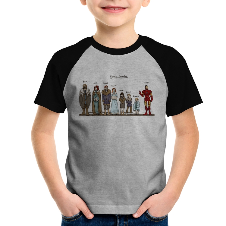 Camiseta Raglan Infantil House Stark Tony Stark - Cinza/Preto
