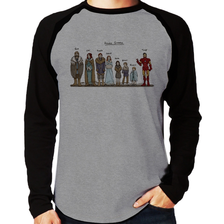 Camiseta Raglan House Stark Tony Stark Manga Longa - Cinza/Preto
