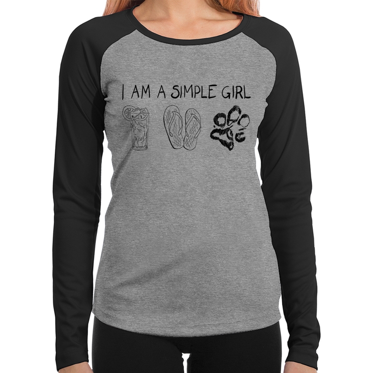 Baby Look Raglan I Am A Simple Girl Manga Longa - Cinza/Preto