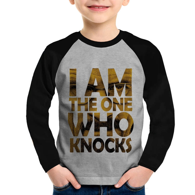 Camiseta Raglan Infantil I Am The One Who Knocks Manga Longa - Cinza/Preto