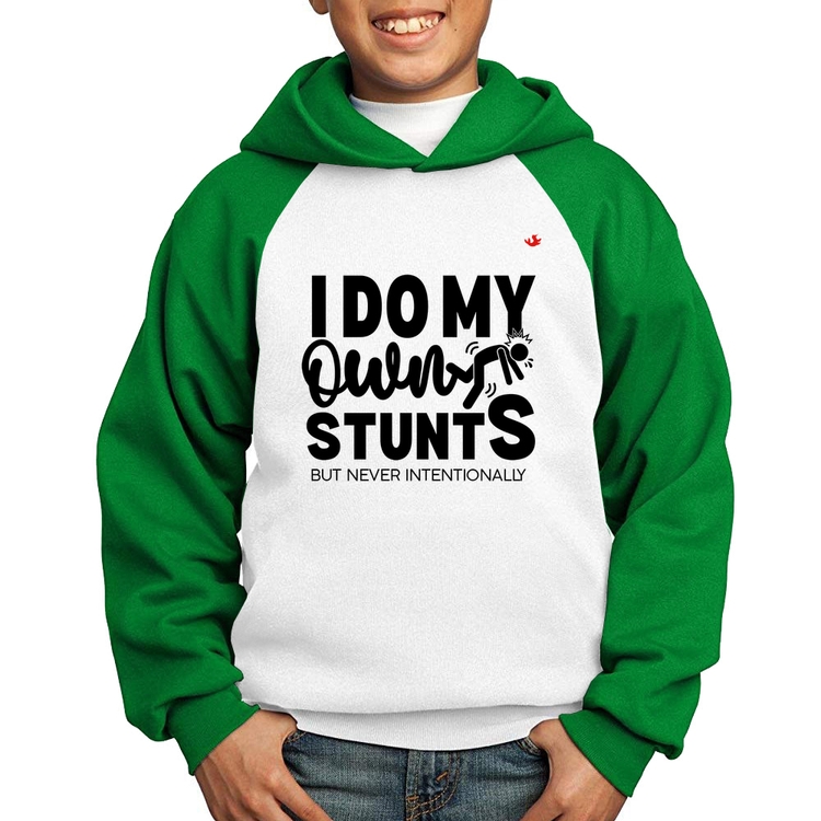Moletom Infantil I do my own stunts but never intentionally - Branco/Verde
