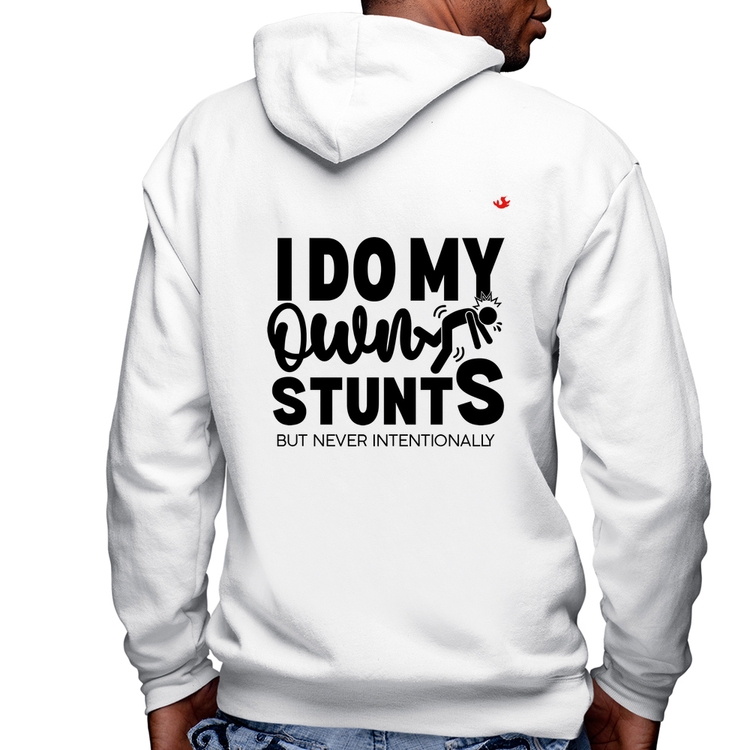 Blusa Moletom I do my own stunts but never intentionally Masculina com Capuz e Zíper - Branca