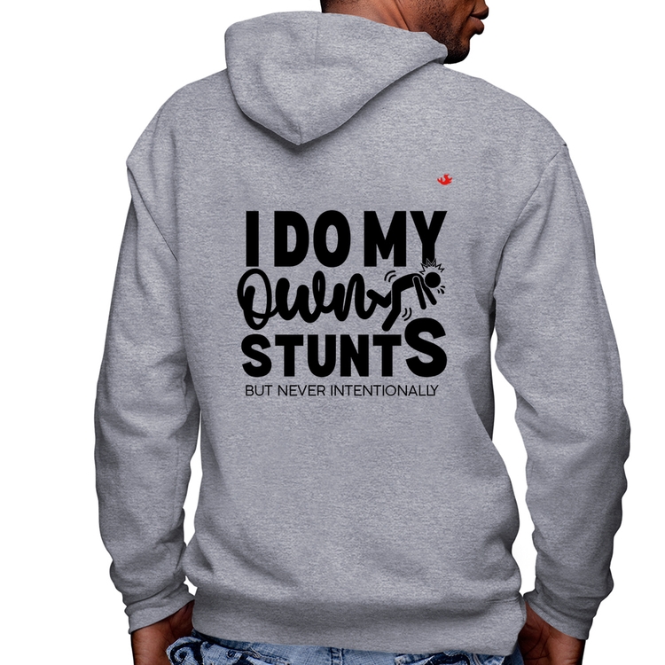 Blusa Moletom I do my own stunts but never intentionally Masculina com Capuz e Zíper - Mescla