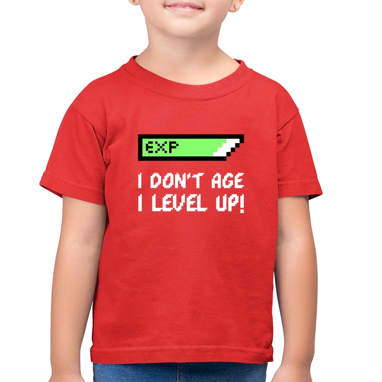 Camiseta Algodão Infantil I Don't Age, I Level Up - Vermelha