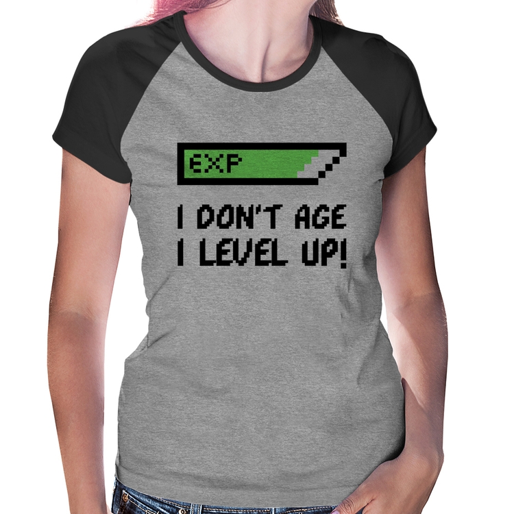 Baby Look Raglan I Don't Age, I Level Up - Cinza/Preto