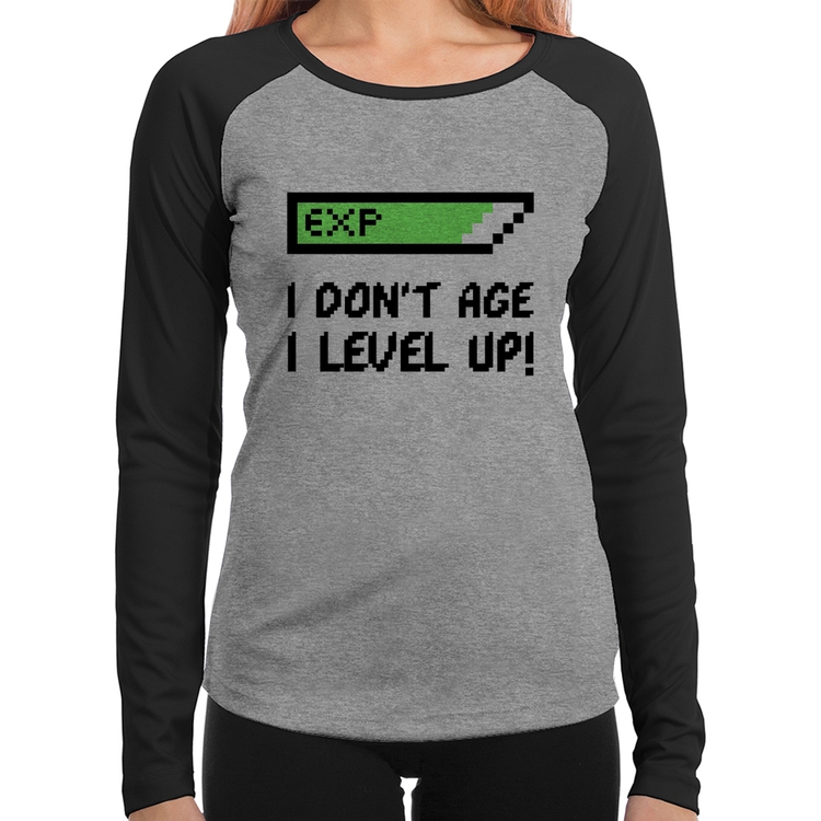 Baby Look Raglan I Don't Age, I Level Up Manga Longa - Cinza/Preto