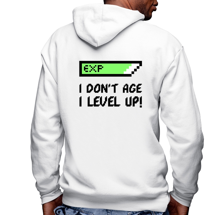 Blusa Moletom I Don't Age, I Level Up Masculina com Capuz e Zíper - Branca
