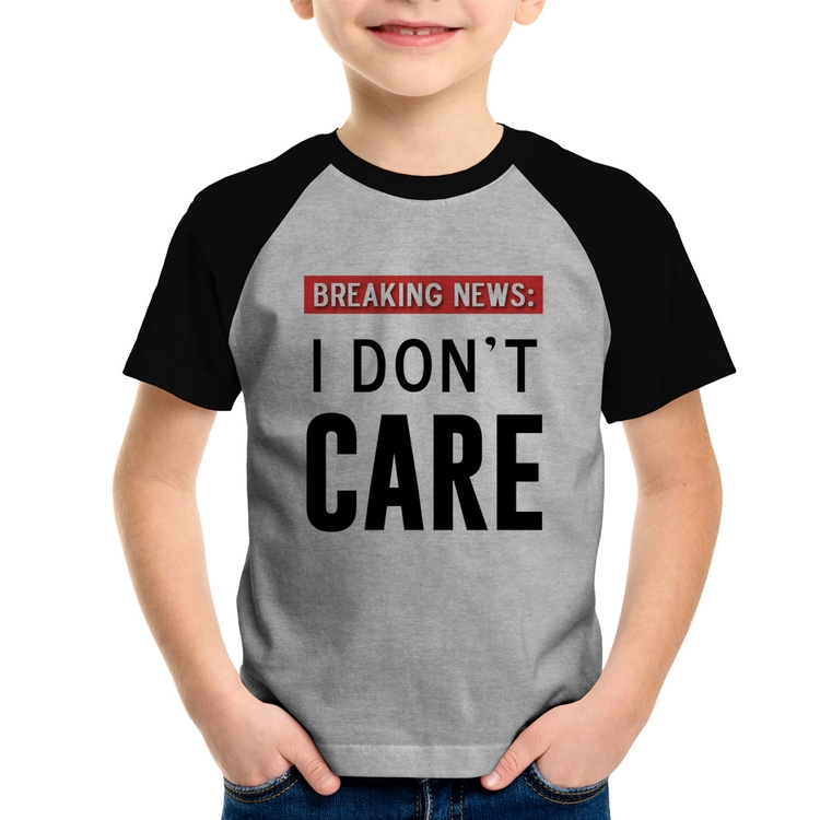 Camiseta Raglan Infantil I don't care - Cinza/Preto