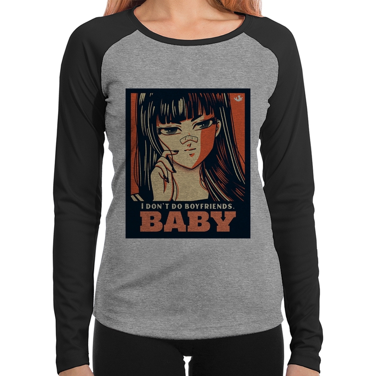 Baby Look Raglan I don't do boyfriends Manga Longa - Cinza/Preto