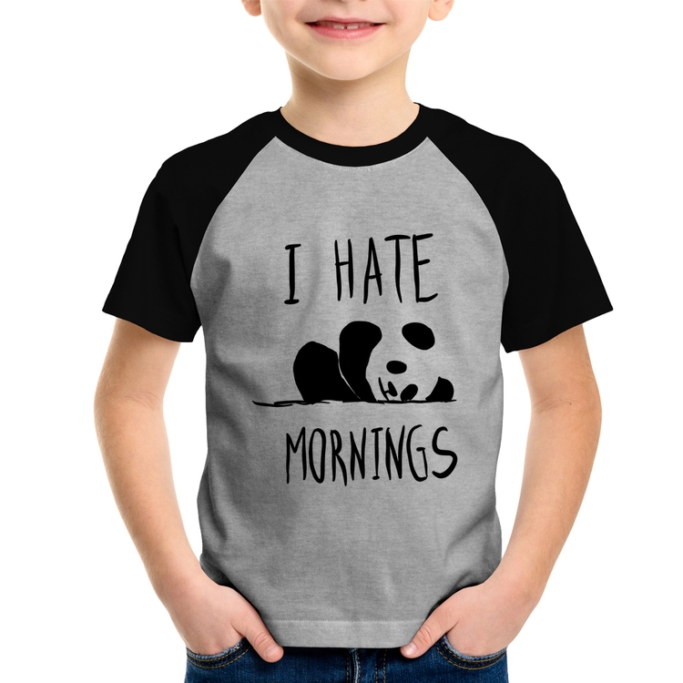 Camiseta Raglan Infantil I Hate Mornings - Cinza/Preto