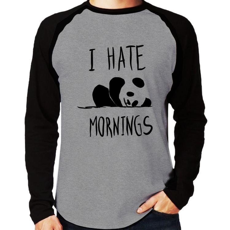 Camiseta Raglan I Hate Mornings Manga Longa - Cinza/Preto