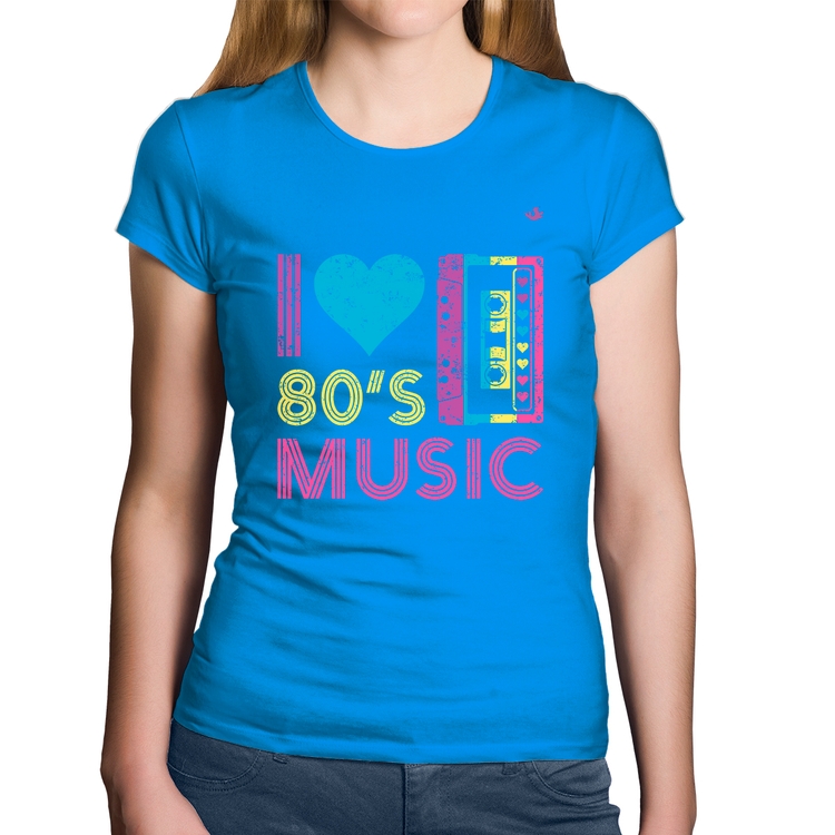 Baby Look Algodão I love 80's music - Azul