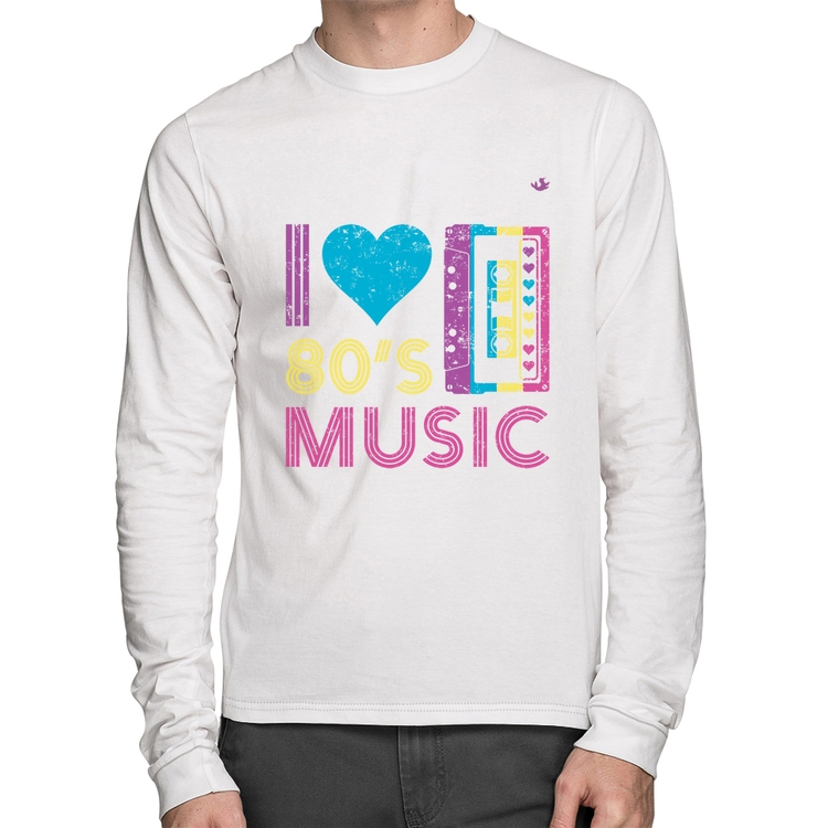 Camiseta Algodão I love 80's music Manga Longa - Branca