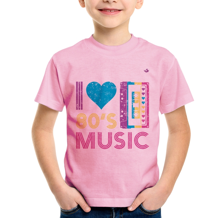 Camiseta Infantil I love 80's music - Rosa Bebê