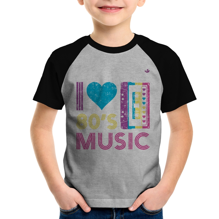 Camiseta Raglan Infantil I love 80's music - Cinza/Preto