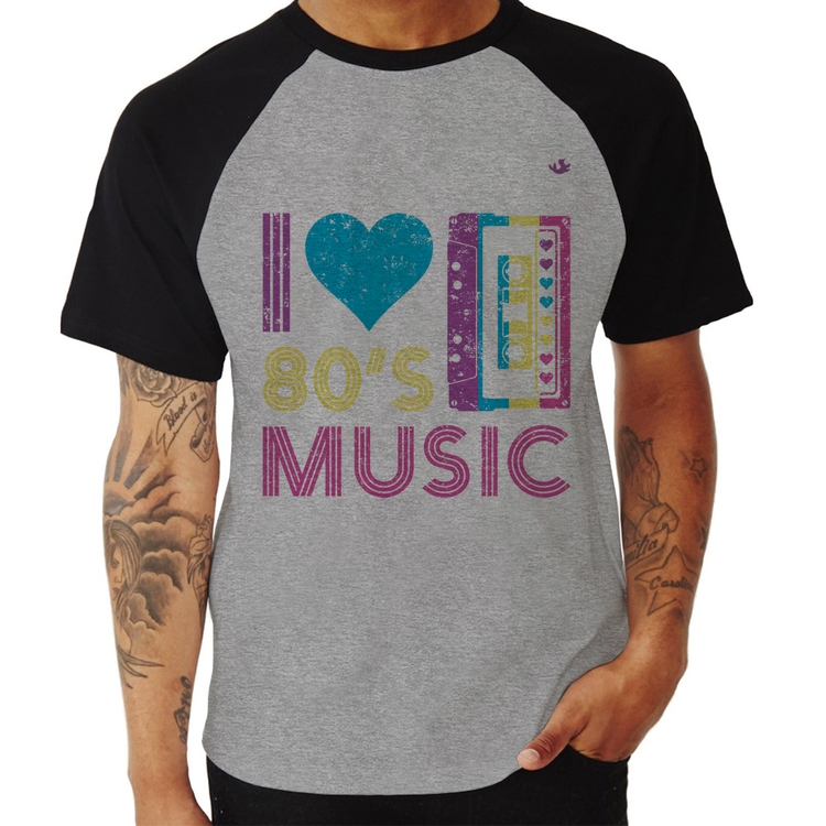Camiseta Raglan I love 80's music - Cinza/Preto