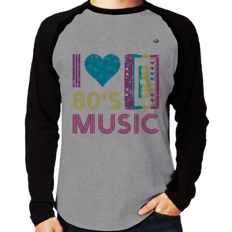Camiseta Raglan I love 80's music Manga Longa - Cinza/Preto
