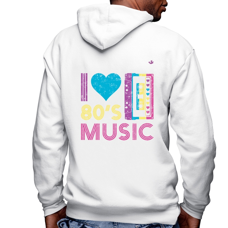 Blusa Moletom I love 80's music Masculina com Capuz e Zíper - Branca