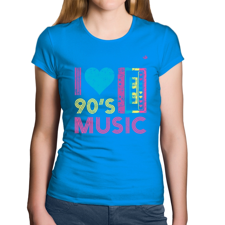 Baby Look Algodão I love 90's music - Azul