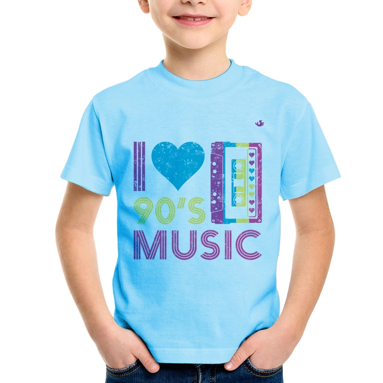 Camiseta Infantil I love 90's music - Azul Bebê