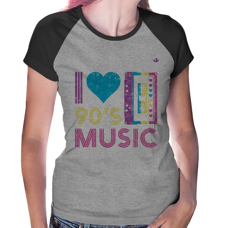 Baby Look Raglan I love 90's music - Cinza/Preto