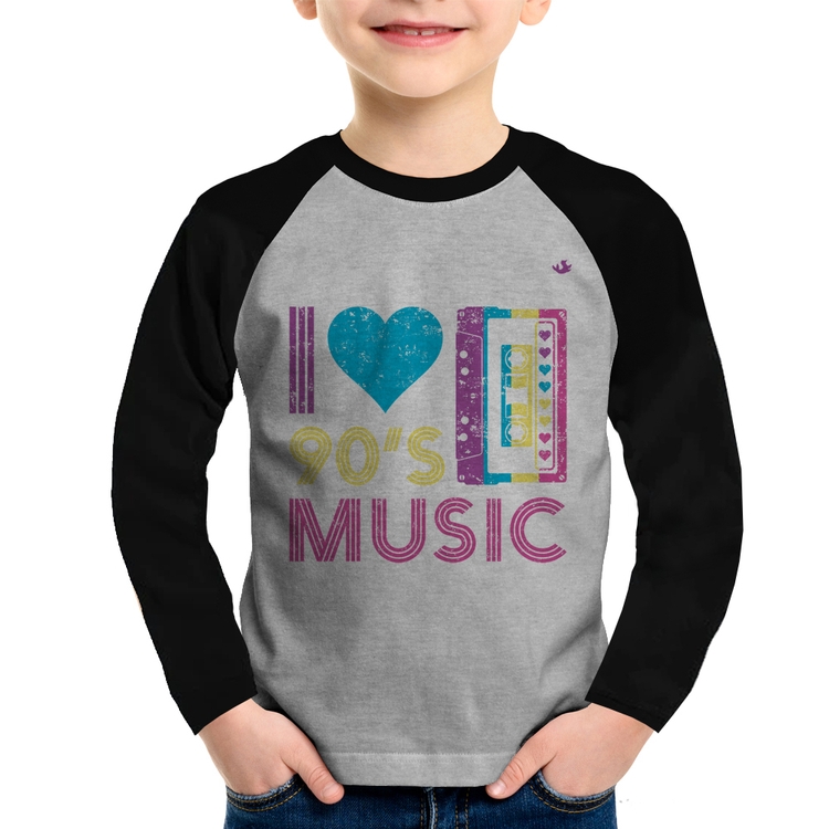 Camiseta Raglan Infantil I love 90's music Manga Longa - Cinza/Preto