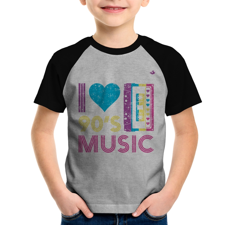 Camiseta Raglan Infantil I love 90's music - Cinza/Preto