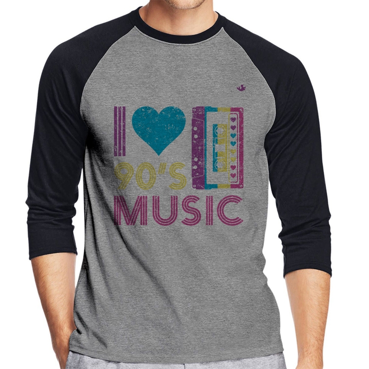 Camiseta Raglan I love 90's music Manga 3/4 - Cinza/Preto
