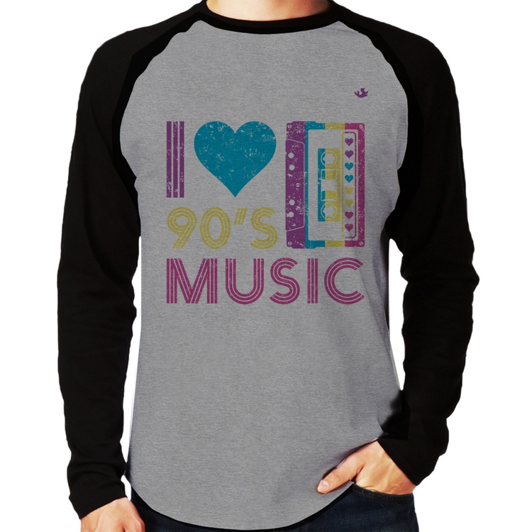 Camiseta Raglan I love 90's music Manga Longa - Cinza/Preto