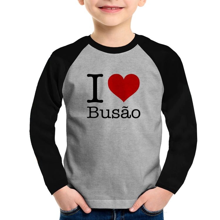 Camiseta Raglan Infantil I love Busão Manga Longa - Cinza/Preto