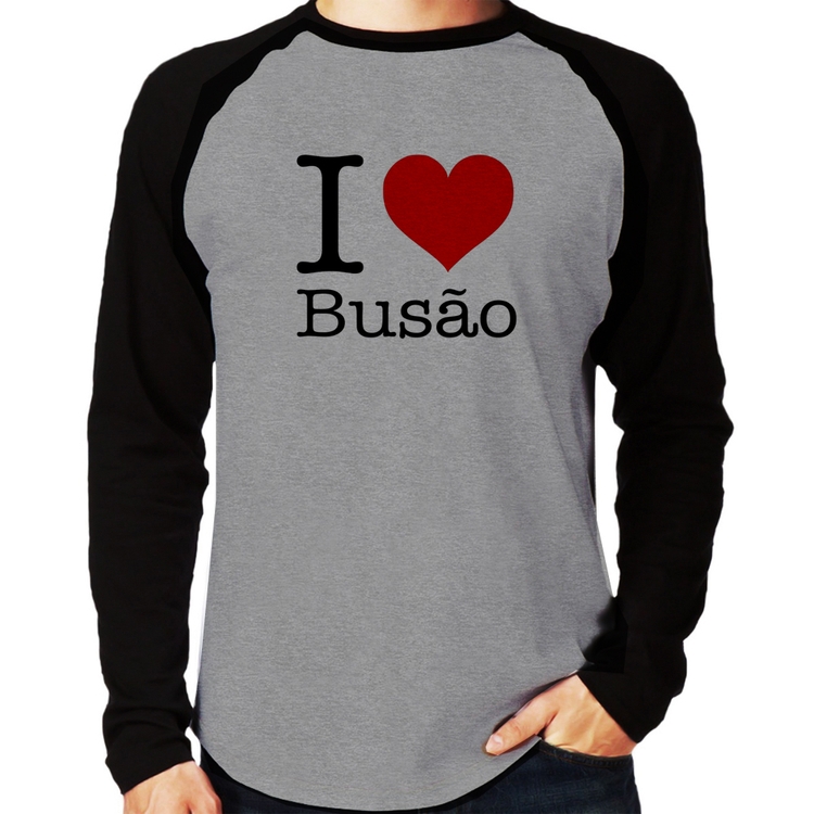 Camiseta Raglan I love Busão Manga Longa - Cinza/Preto