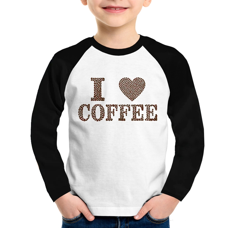 Camiseta Raglan Infantil I Love Coffee Manga Longa