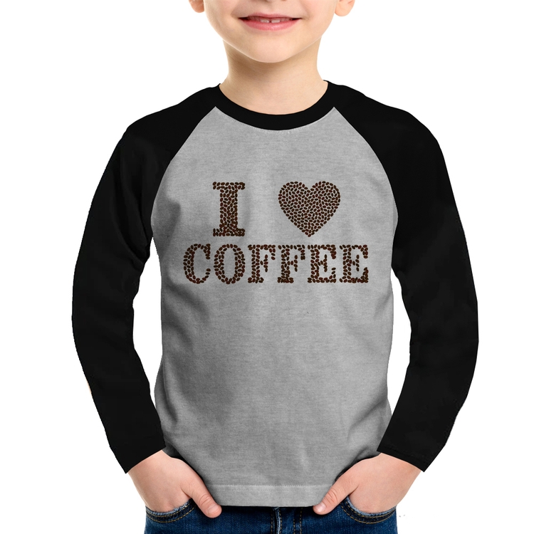 Camiseta Raglan Infantil I Love Coffee Manga Longa - Cinza/Preto
