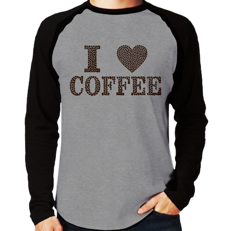 Camiseta Raglan I Love Coffee Manga Longa - Cinza/Preto