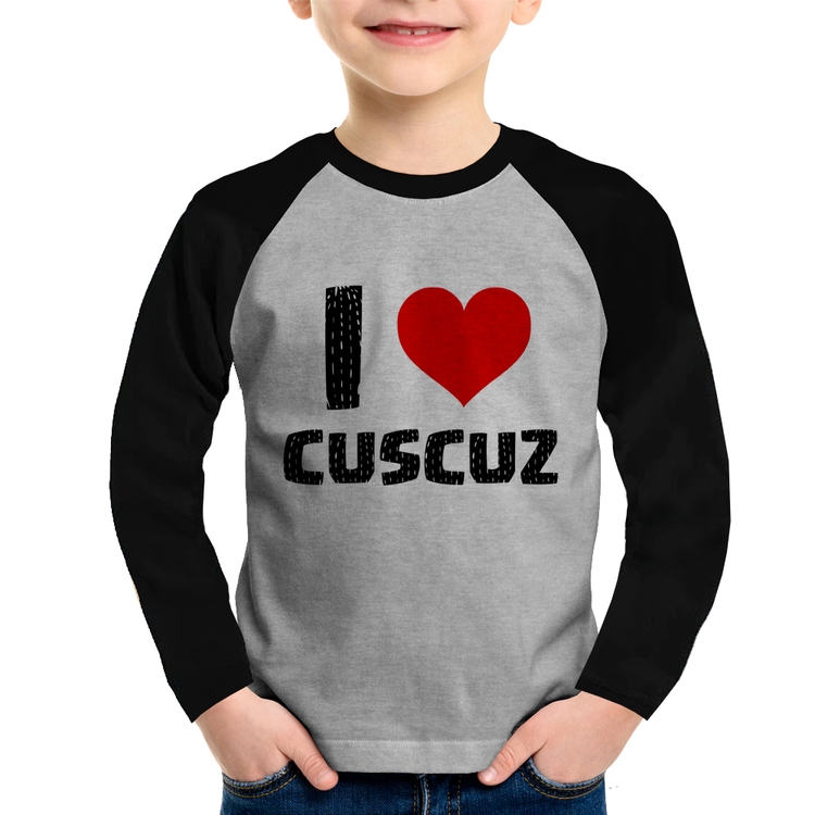 Camiseta Raglan Infantil I love cuscuz Manga Longa - Cinza/Preto