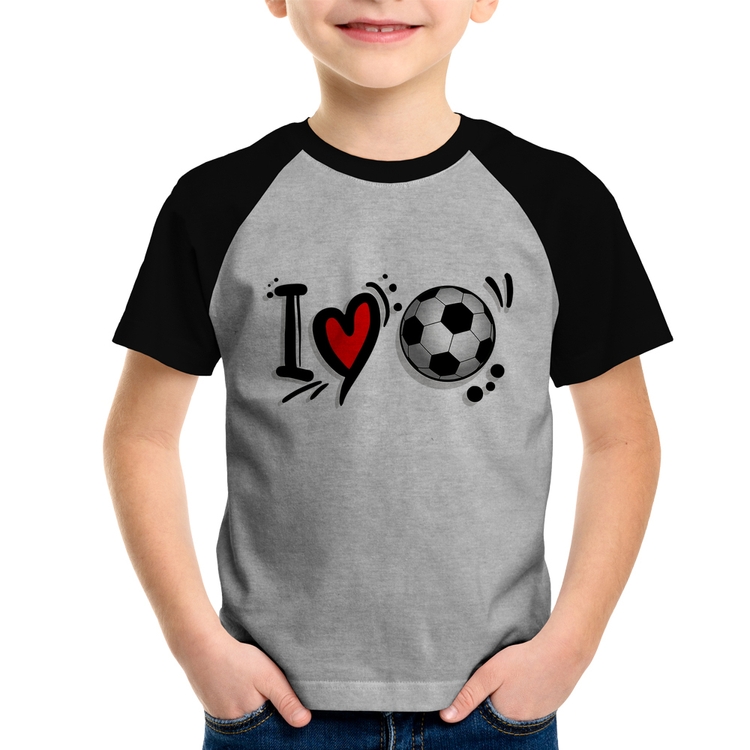 Camiseta Raglan Infantil I Love Futebol - Cinza/Preto