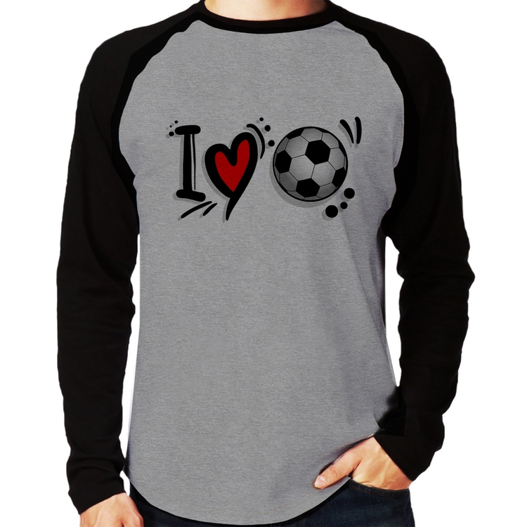 Camiseta Raglan I Love Futebol Manga Longa - Cinza/Preto